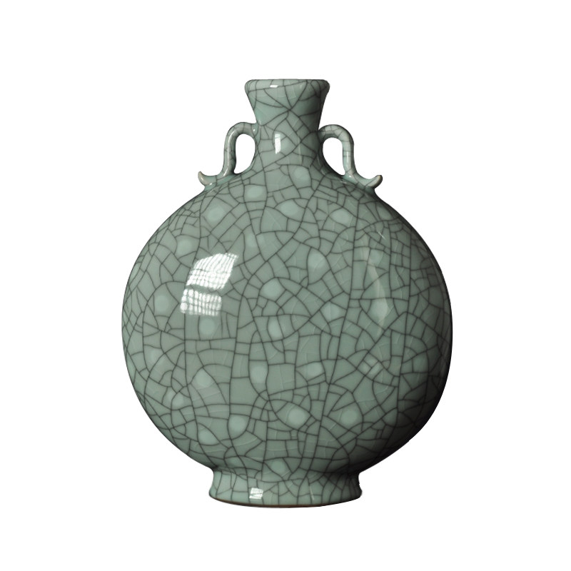 龙泉青瓷哥窑点彩花扁瓶书房办公室摆设花瓶大号陶瓷花瓶