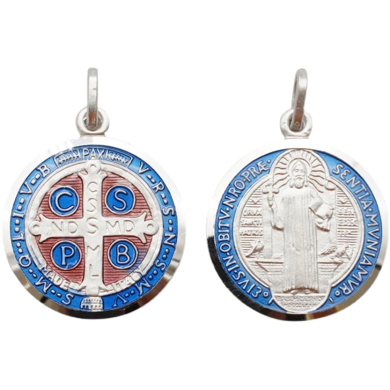 意大利进口吊坠圣本笃珐琅彩圣牌925纯银意卡米诺天主教饰品铑银