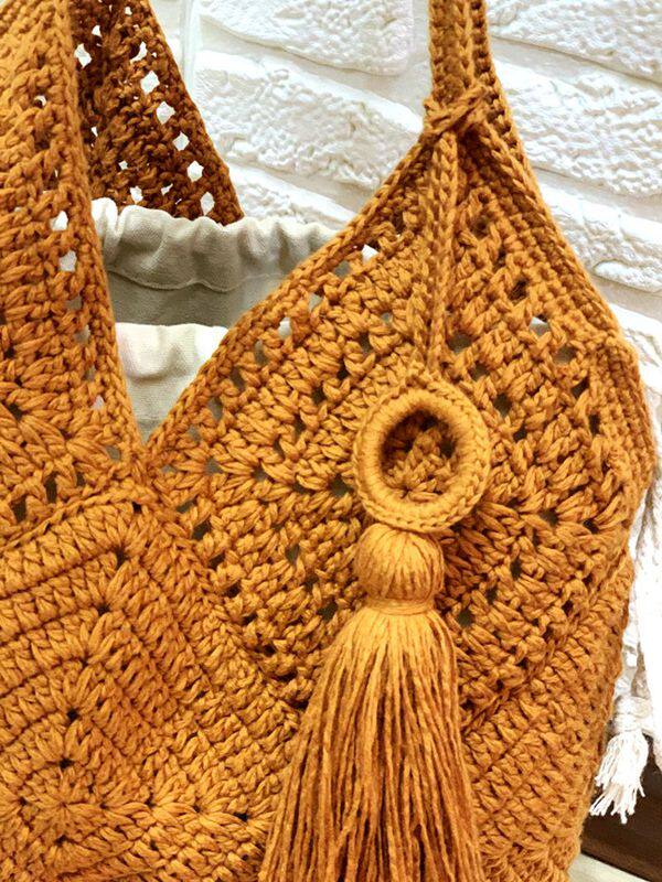 阿林工坊ins风南瓜橘拼接单肩包视频材料包手工钩包线 - 阿林工坊