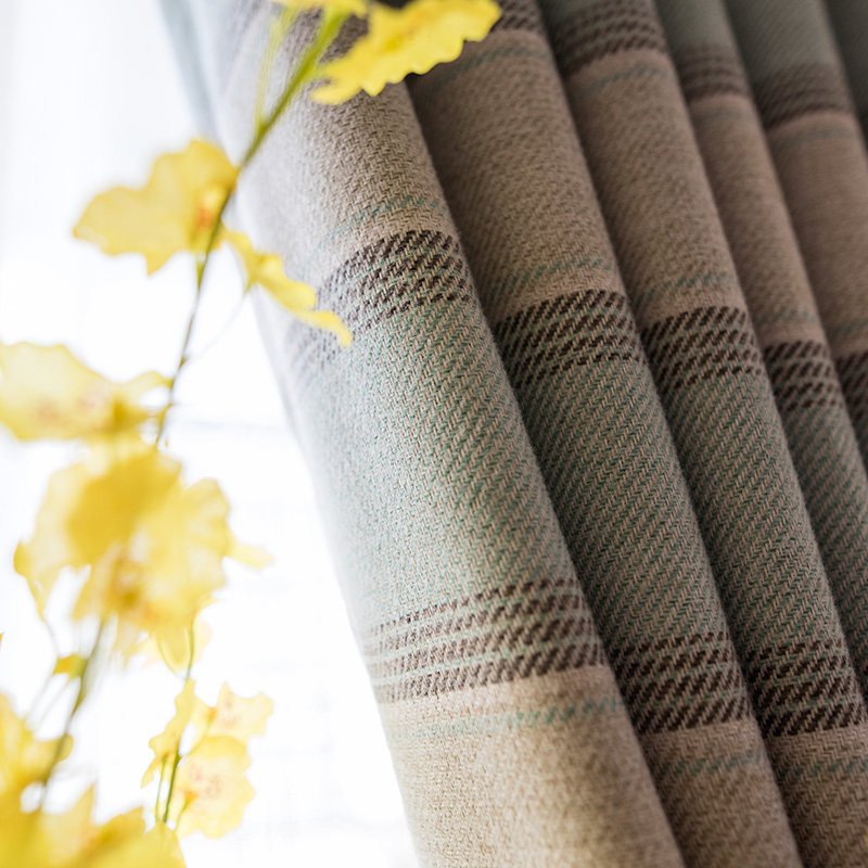 北欧现代简约客厅卧室飘窗浅咖条纹呢绒雪尼尔遮光定制窗帘