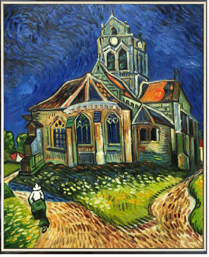 梵高夜间间的咖啡馆竖版手绘玄关过道装饰壁画油画