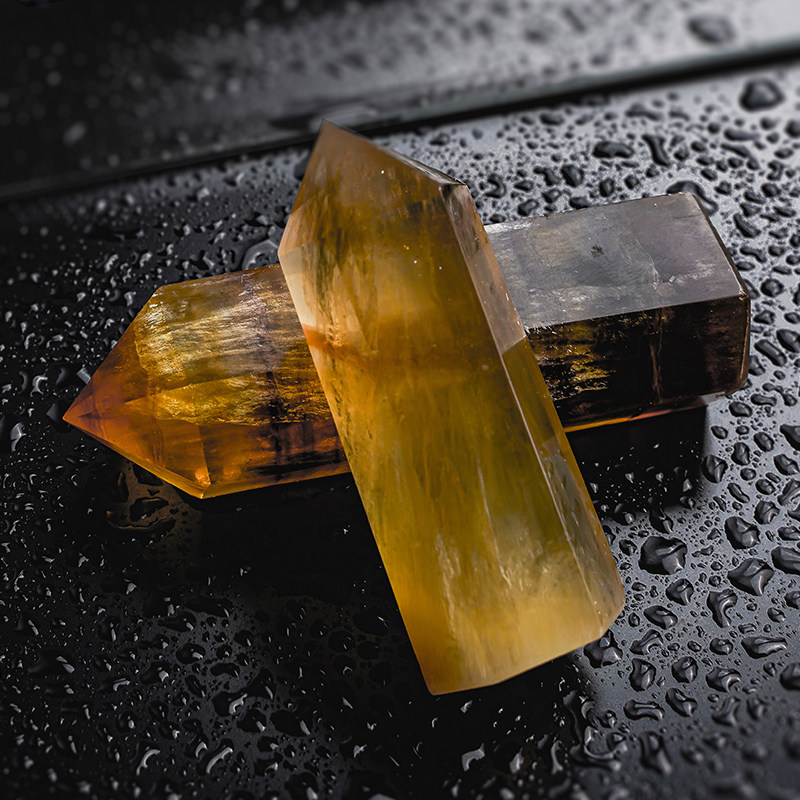 天然黄萤石柱水晶六棱柱莹石原矿摆件冥想占卜矿石能量转运手把件