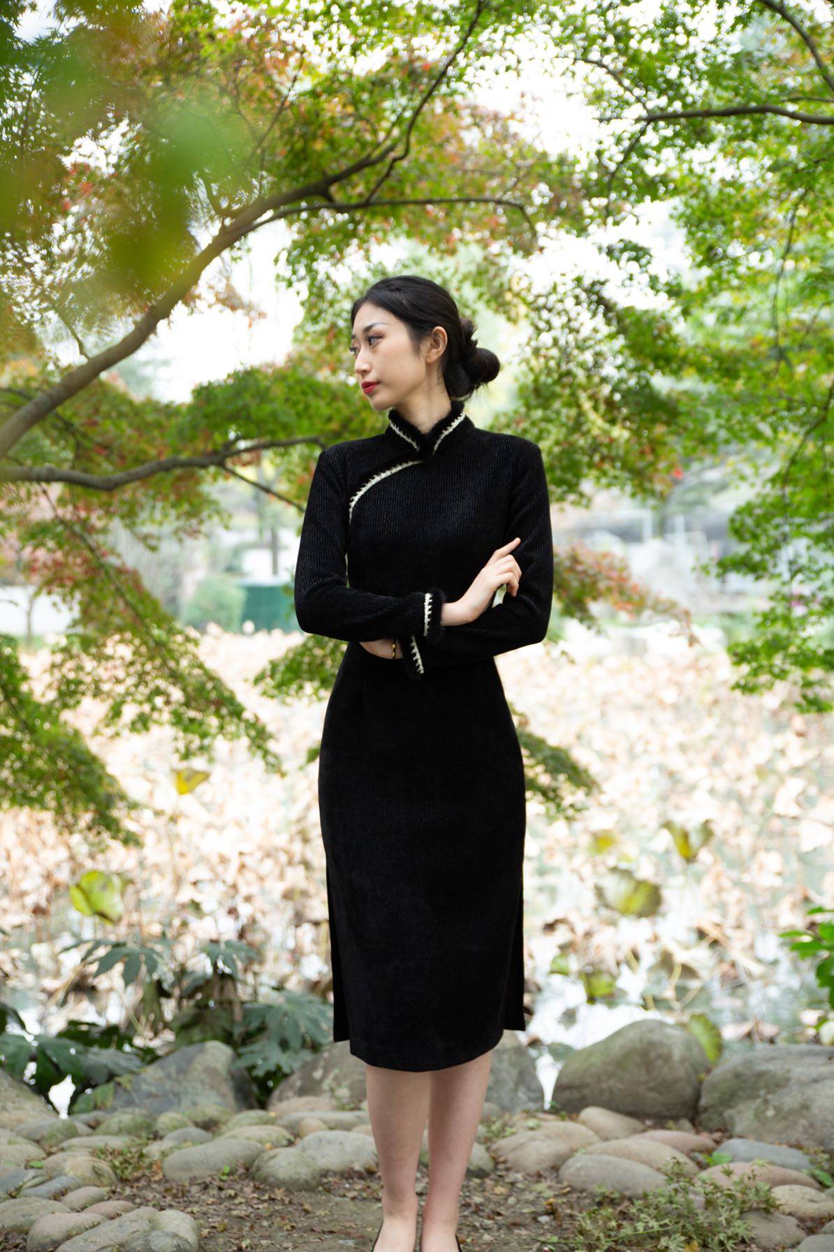 julee定制秋冬新款水貂毛边修身改良旗袍高端旗袍