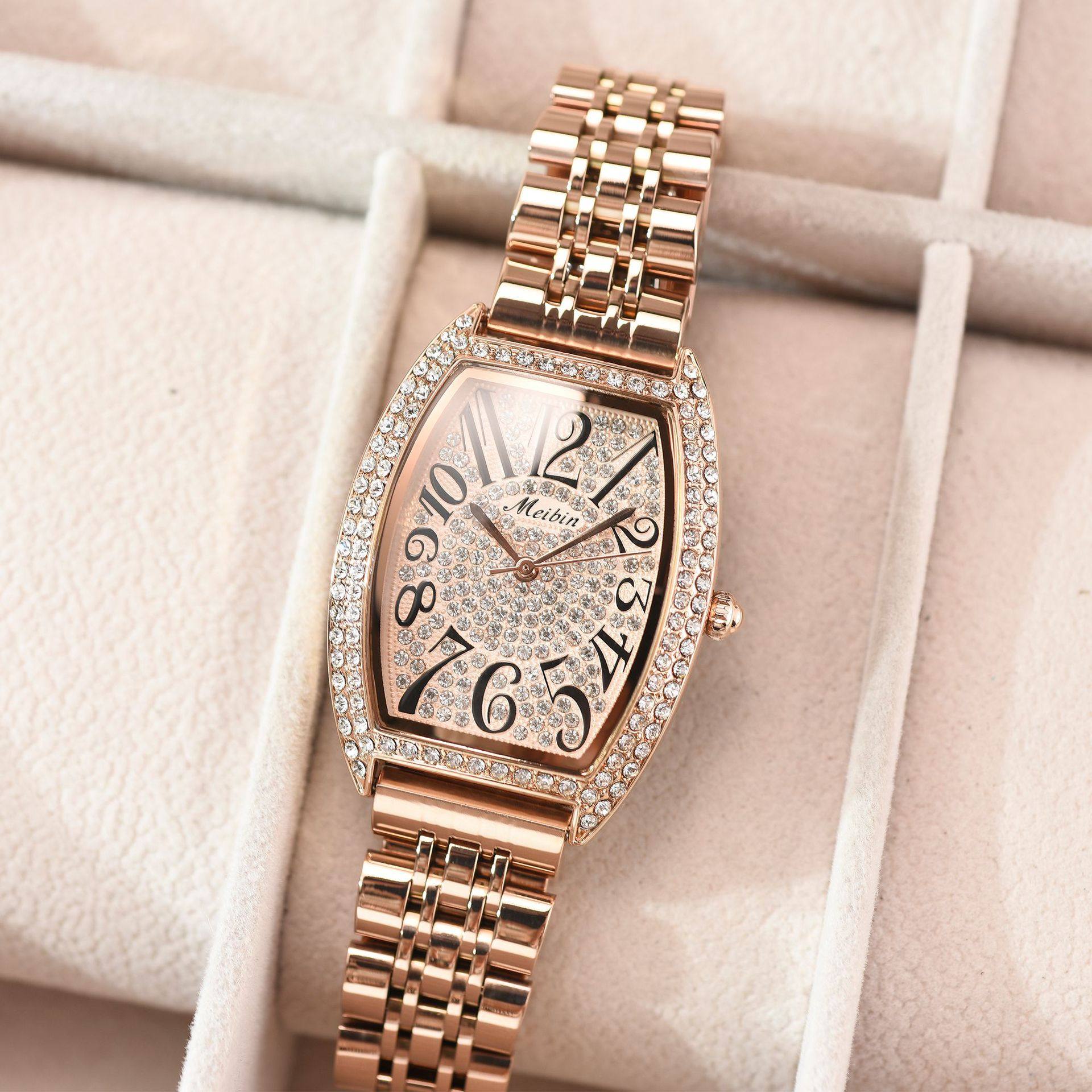 美宾正品手表女士桶形表盘满钻防水国产腕表