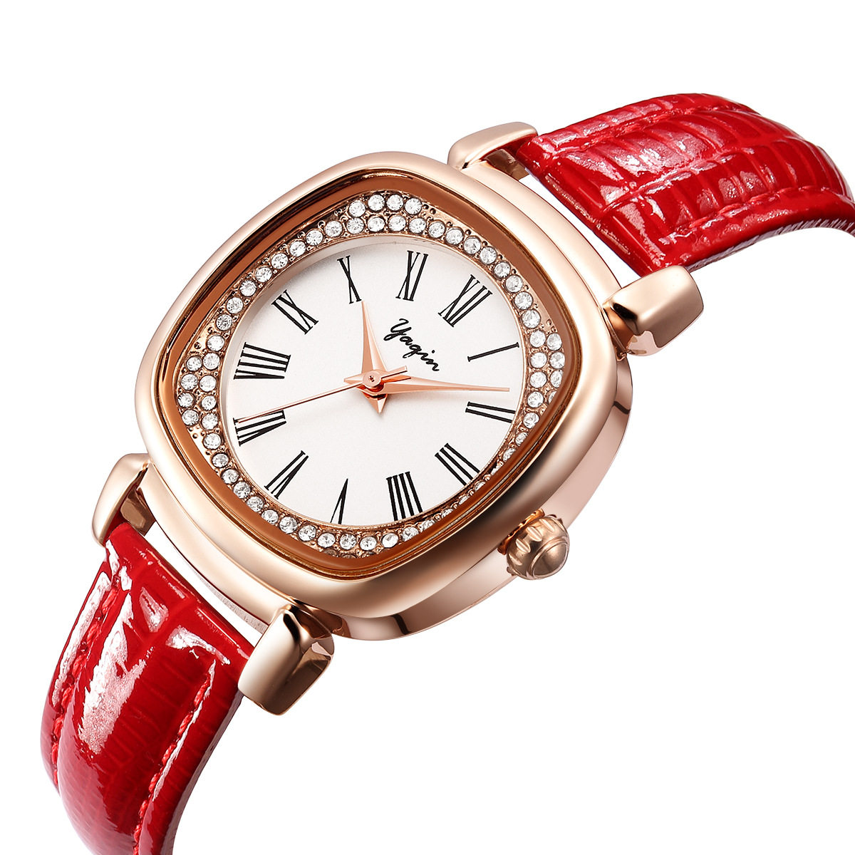 直播专拍链接yaqin雅琴时装表方形镶钻真皮石英国产腕表
