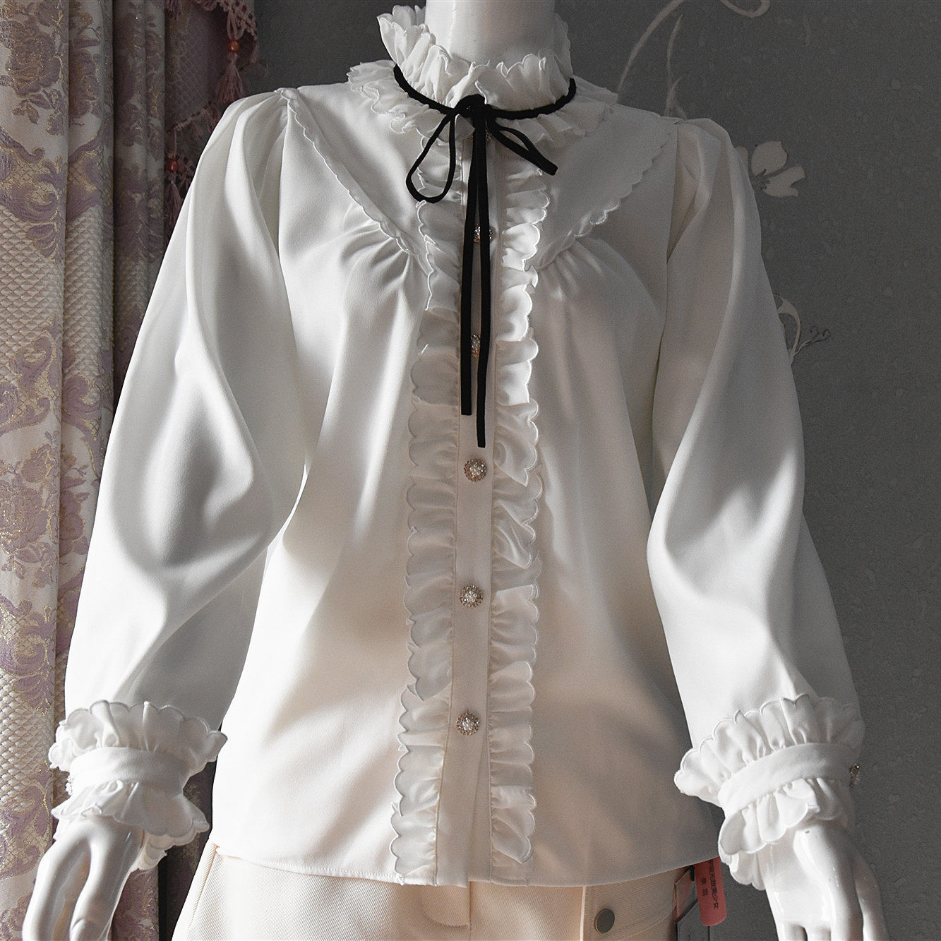 法式宫廷白色立领钻石雪纺衬衫秋冬百搭长袖衬衫