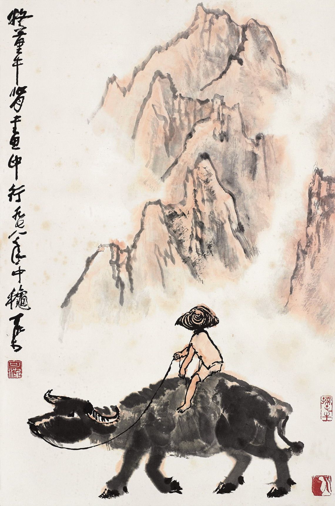 国画山水画真迹装饰画手绘字画客厅李可染牧童牛背画国画