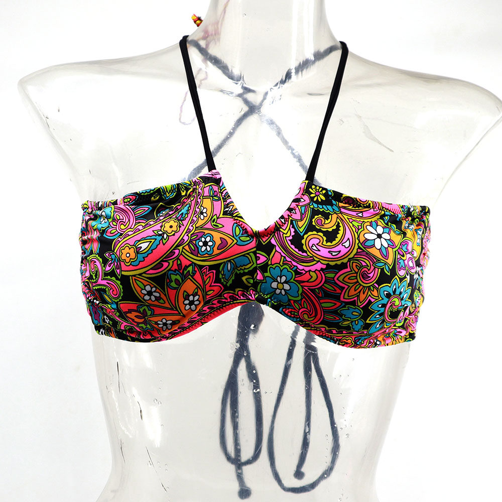 新款黑花印花抹胸比基尼泳装聚拢大胸弹性泳衣海比基尼