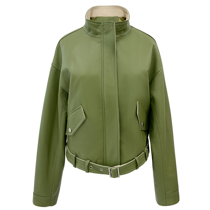 付智恩 沙漠绿洲 进口真皮皮衣女中长款军绿工装皮外套2020春季
