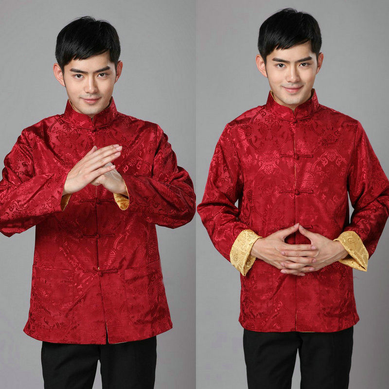 春秋男装中式传统长袖唐装男士上衣外套泰丝双面穿日常汉服唐装男