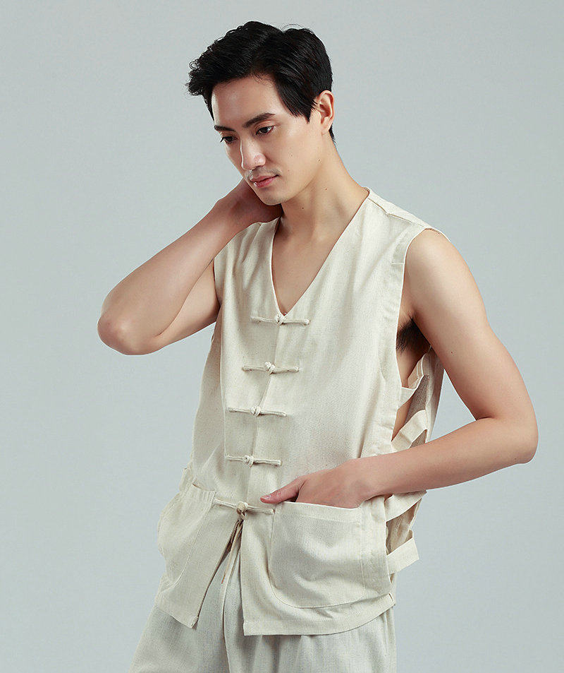 老粗布亚麻无袖马褂男士唐装车夫套装电影表演服工作服上衣汉服男