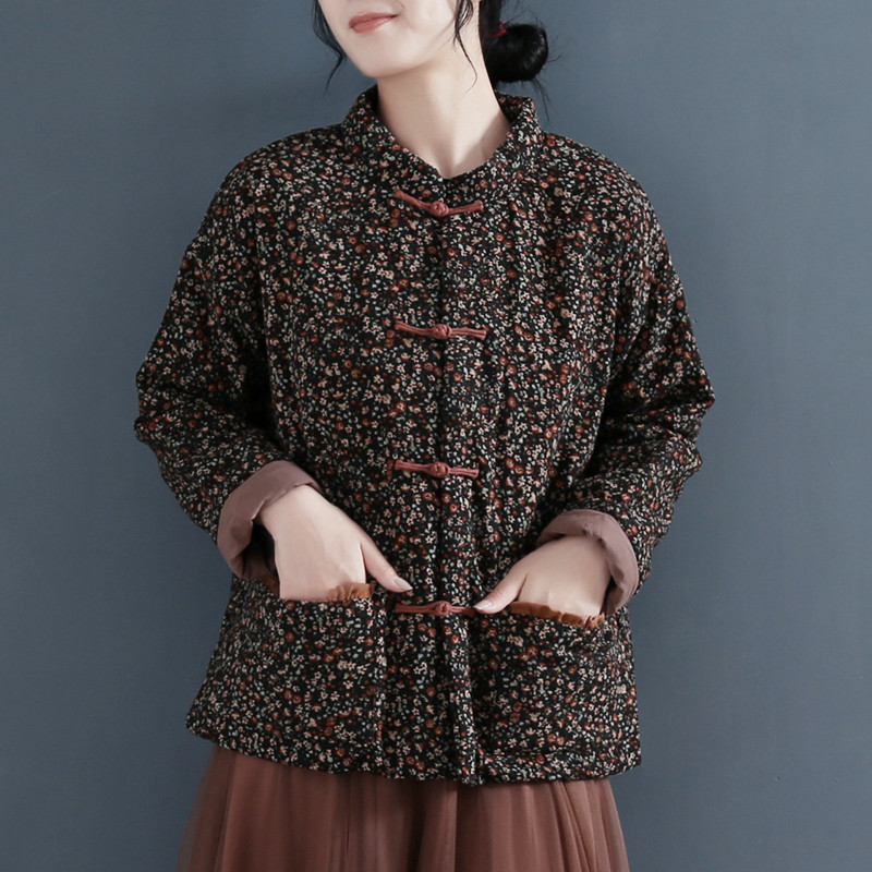 中国风复古碎花棉服秋冬民族风盘扣棉麻上衣外套加厚宽松茶服棉袄