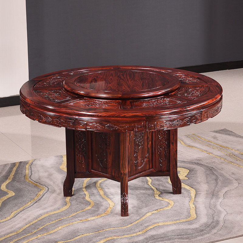 红木餐桌印尼黑酸枝圆桌阔叶黄檀酸枝木雕花圆台桌古典实木餐桌椅