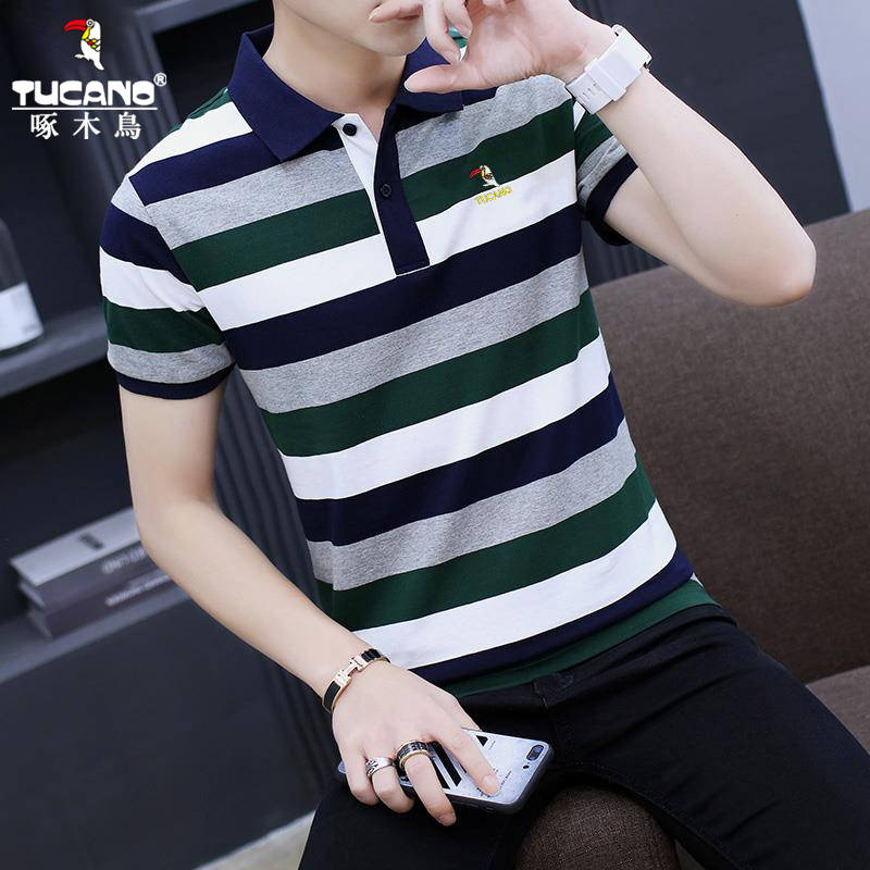 啄木鸟短袖t恤男宽松2022春夏新款韩版条纹男士上衣青年有领体恤
