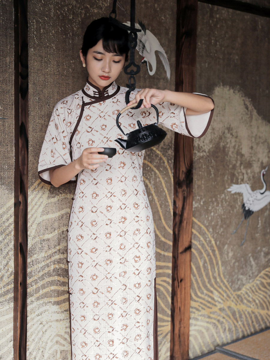 茉茉夏秋季五分水袖无省全开开襟中长复古日常旗袍