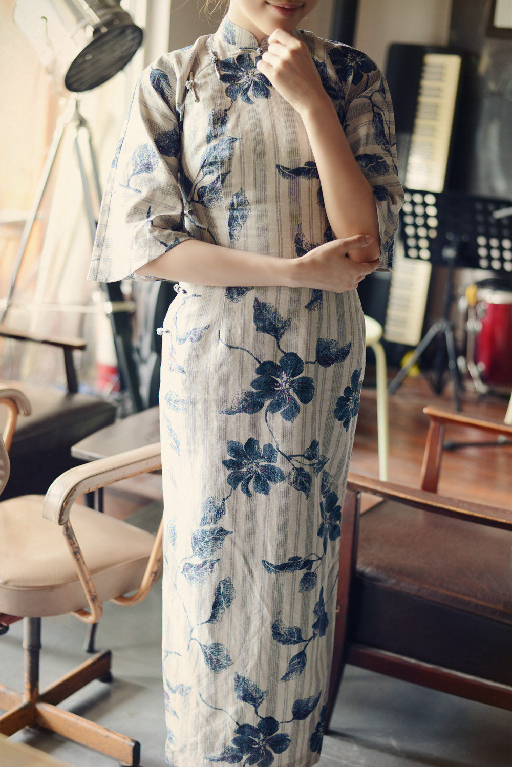 旗袍茉茉春季六分水袖半开开襟中长复古文艺旗袍