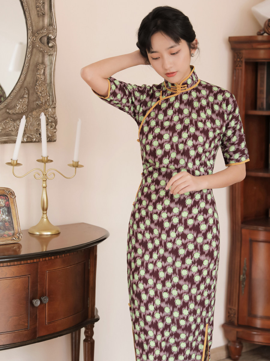 旗袍茉茉春夏四分连袖全开开襟中长复古文艺旗袍