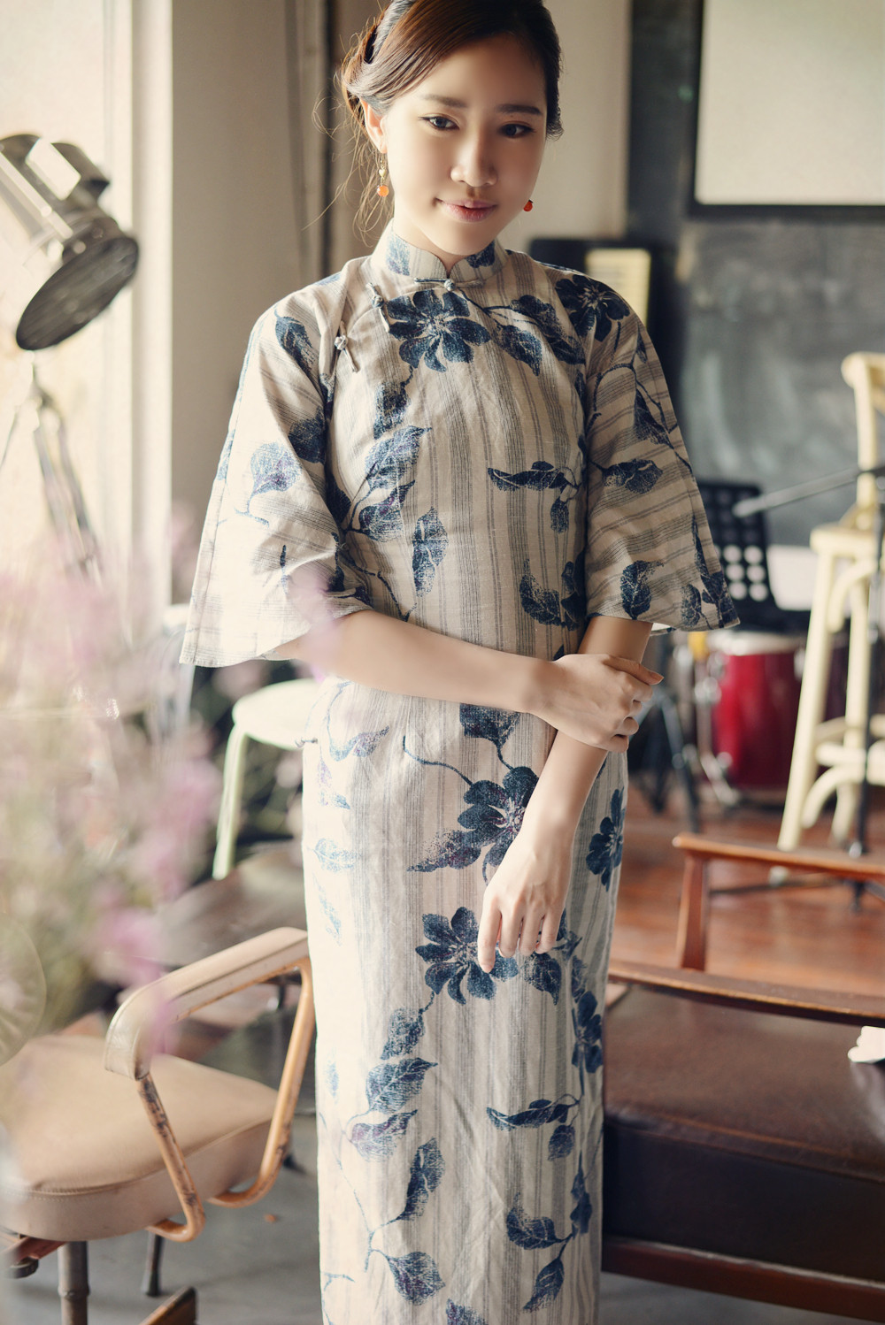 旗袍茉茉春季六分水袖半开开襟中长复古文艺旗袍