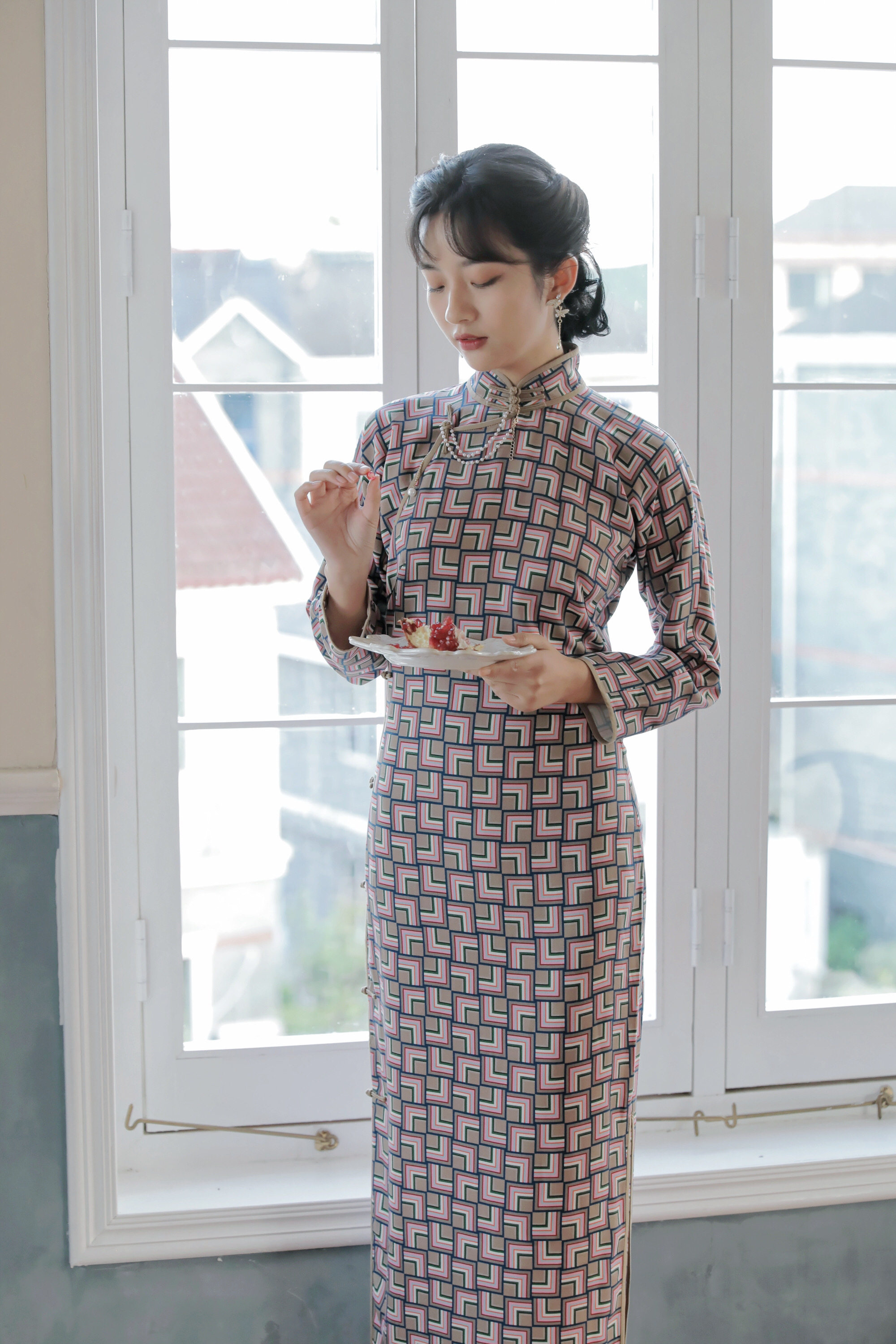 旗袍茉茉八分连袖全开开襟中长复古文艺日常旗袍