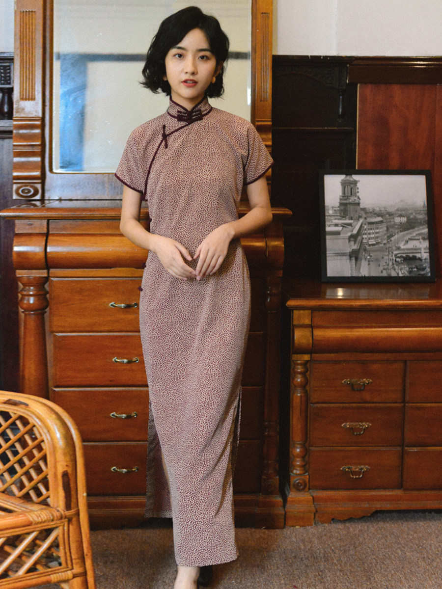 茉茉春夏季新品短袖连袖半开开襟中长复古日常旗袍