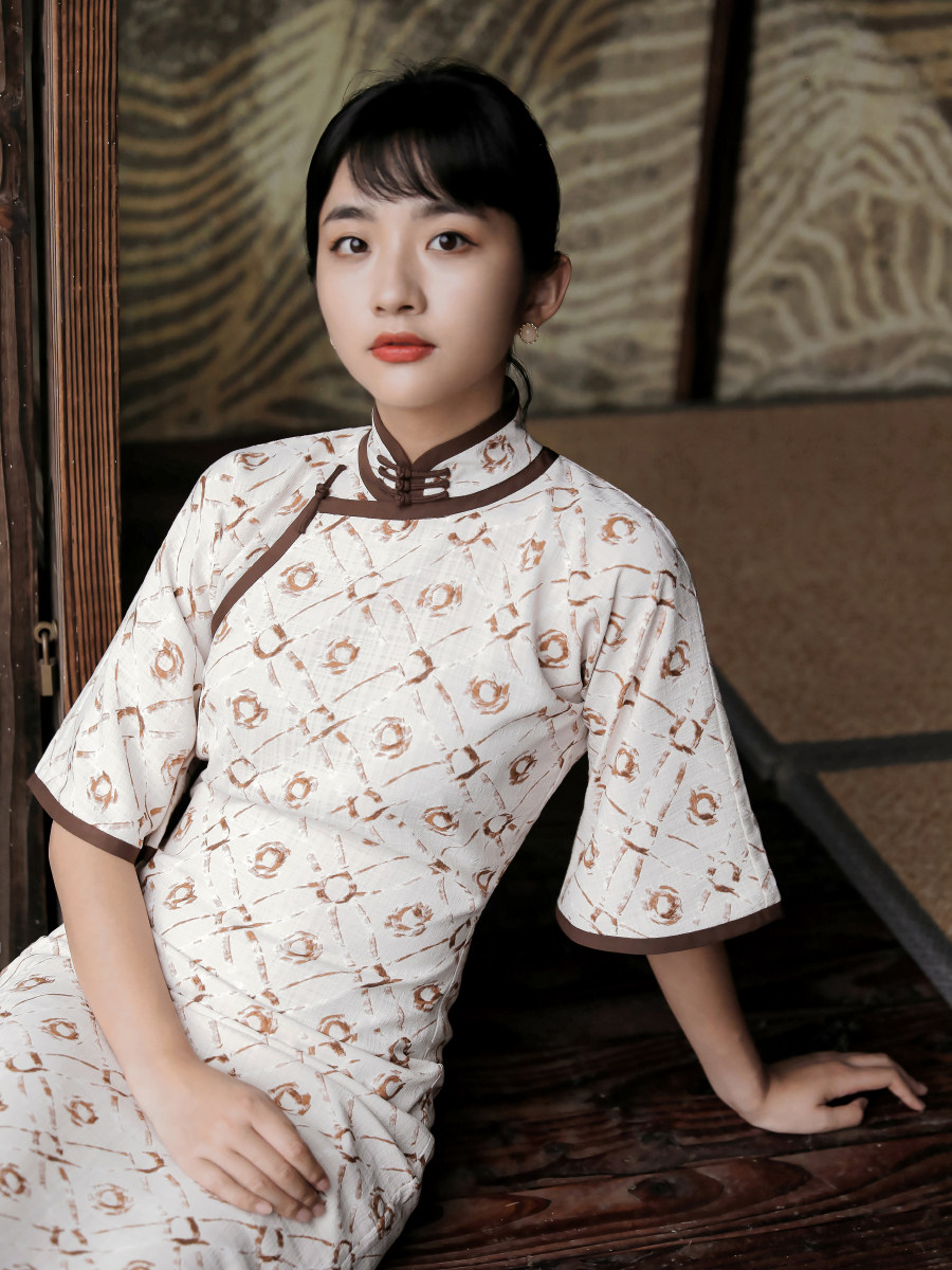 茉茉夏秋季五分水袖无省全开开襟中长复古日常旗袍