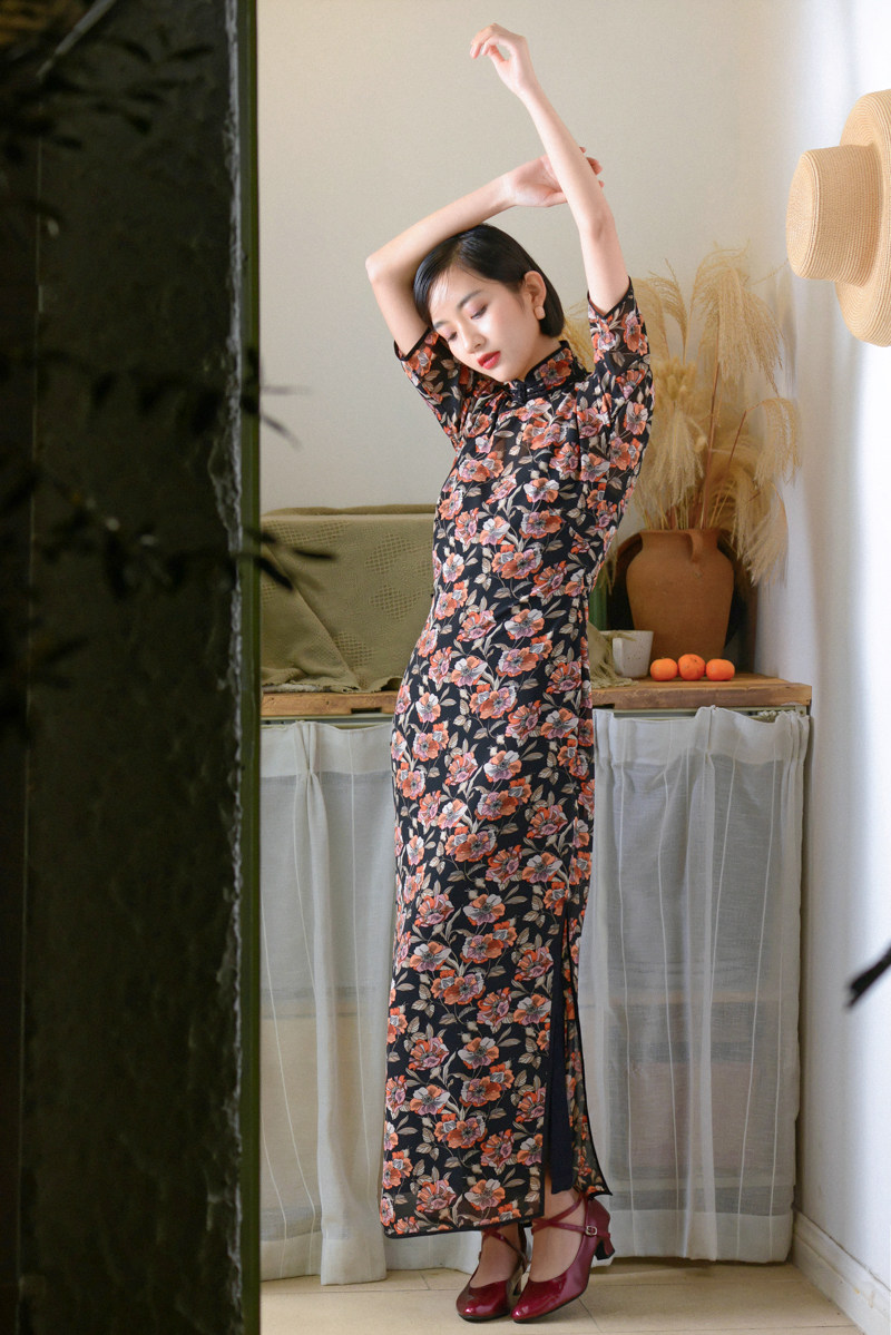 旗袍茉茉春夏季四分连袖全开开襟长款复古日常旗袍