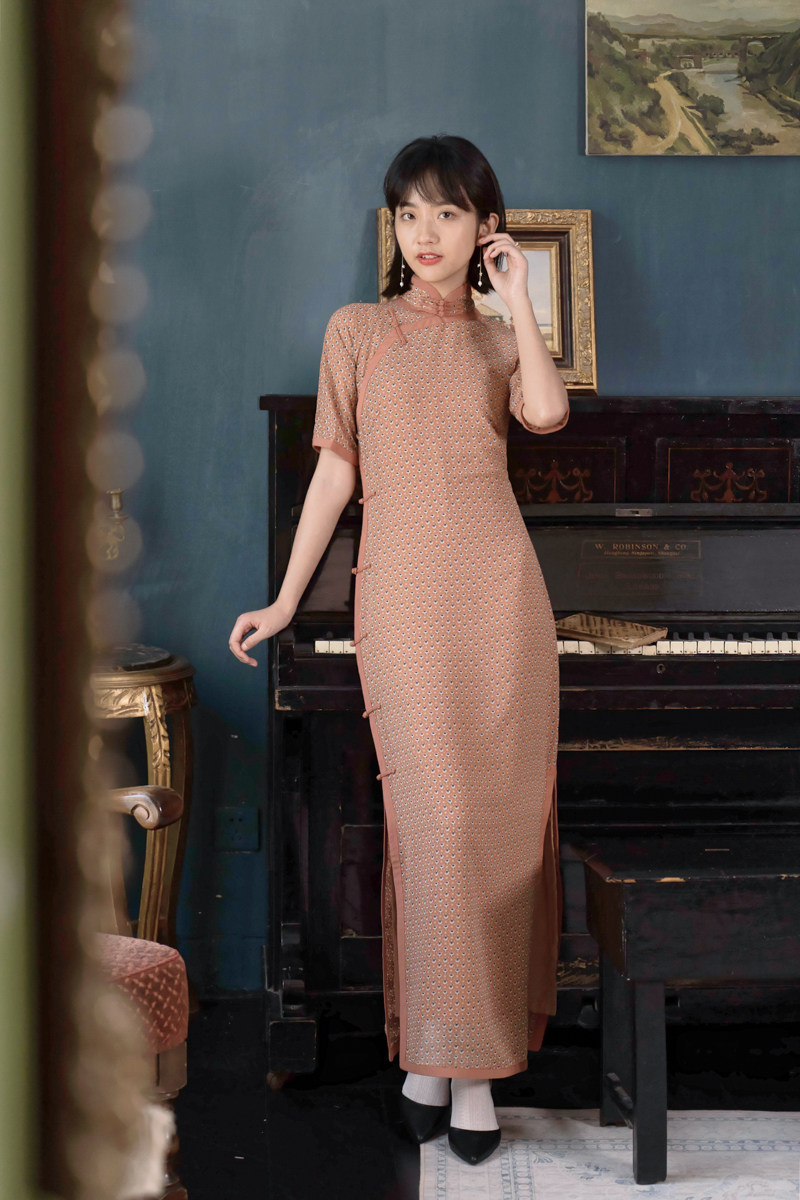 旗袍茉茉春夏季四分连袖全开开襟宽包边长款复古旗袍