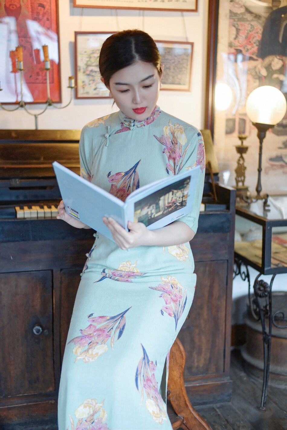 旗袍茉茉4月新品四分连袖长款复古旗袍