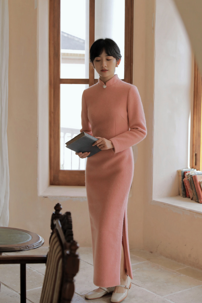 旗袍茉茉冬季长袖长款港式优雅日常改良羊毛旗袍