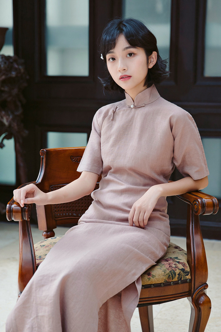 旗袍茉茉四分连袖省道全开开襟中长复古纯色旗袍