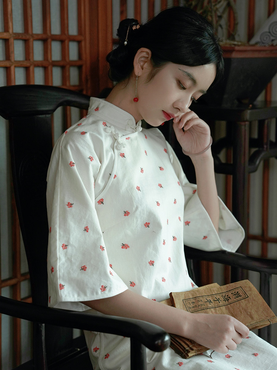 茉茉秋冬季六分水袖全开开襟包边中长复古文艺旗袍