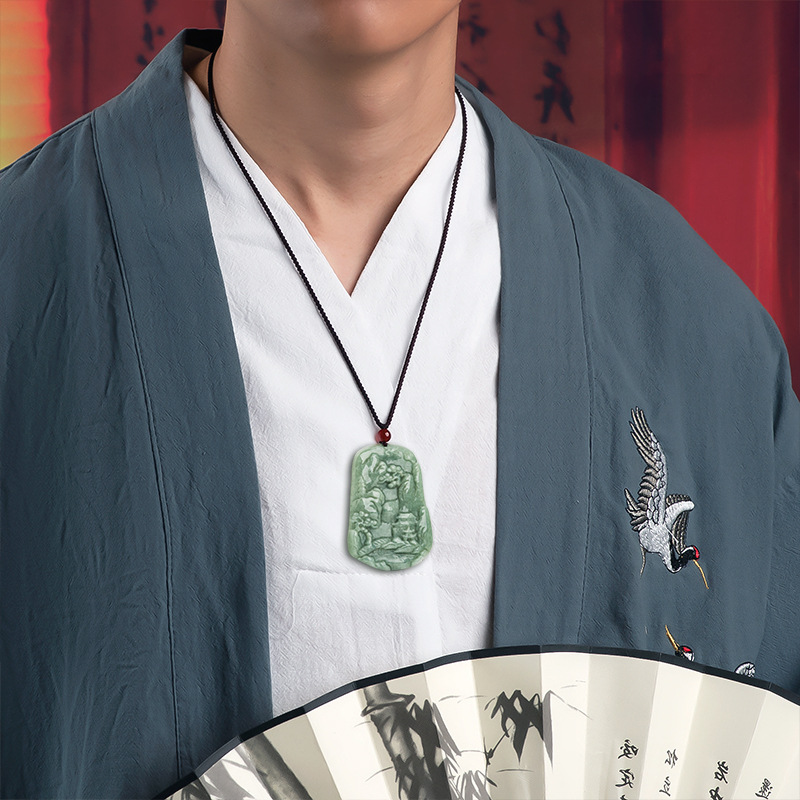 天然翡翠豆种山水牌望岳玉石吊坠挂件玉佩男士项坠