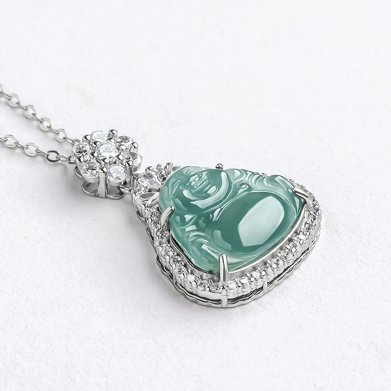 天然翡翠蓝水佛公s925银镶冰种玉石吊坠玉坠女项坠