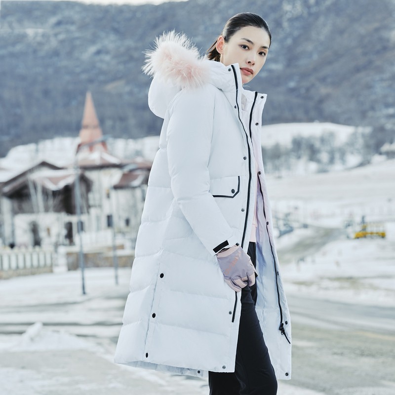 探路者羽绒服女鹅绒女款户外长款防风保暖冬季运动加厚毛领防寒服