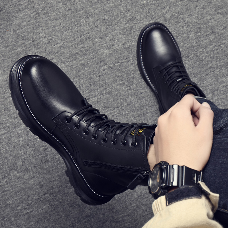 马丁靴男侧拉链中高帮2022秋冬季新款潮流加绒增高百搭英伦工装靴