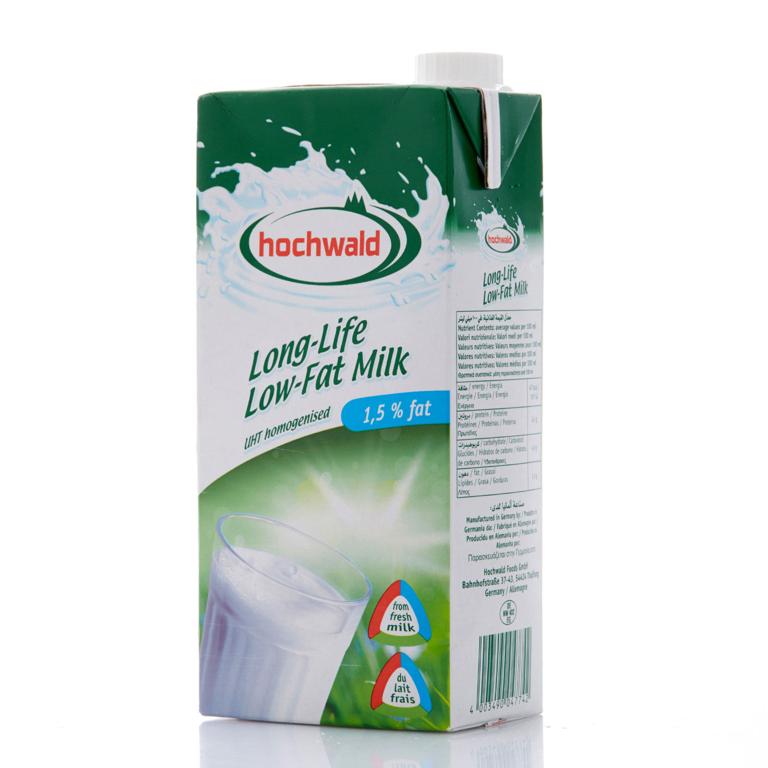 【领券159减10元】中粮德国进口hochwald好沃得低脂牛奶1l*12整箱