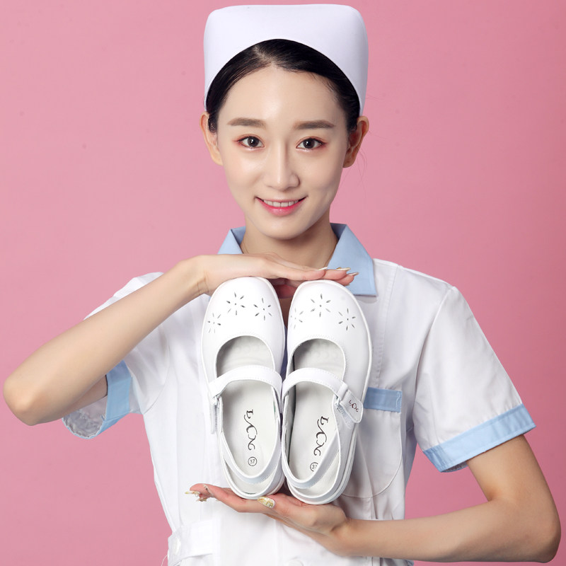 台湾nyi气垫护士白色夏季软底凉鞋头层牛皮单鞋
