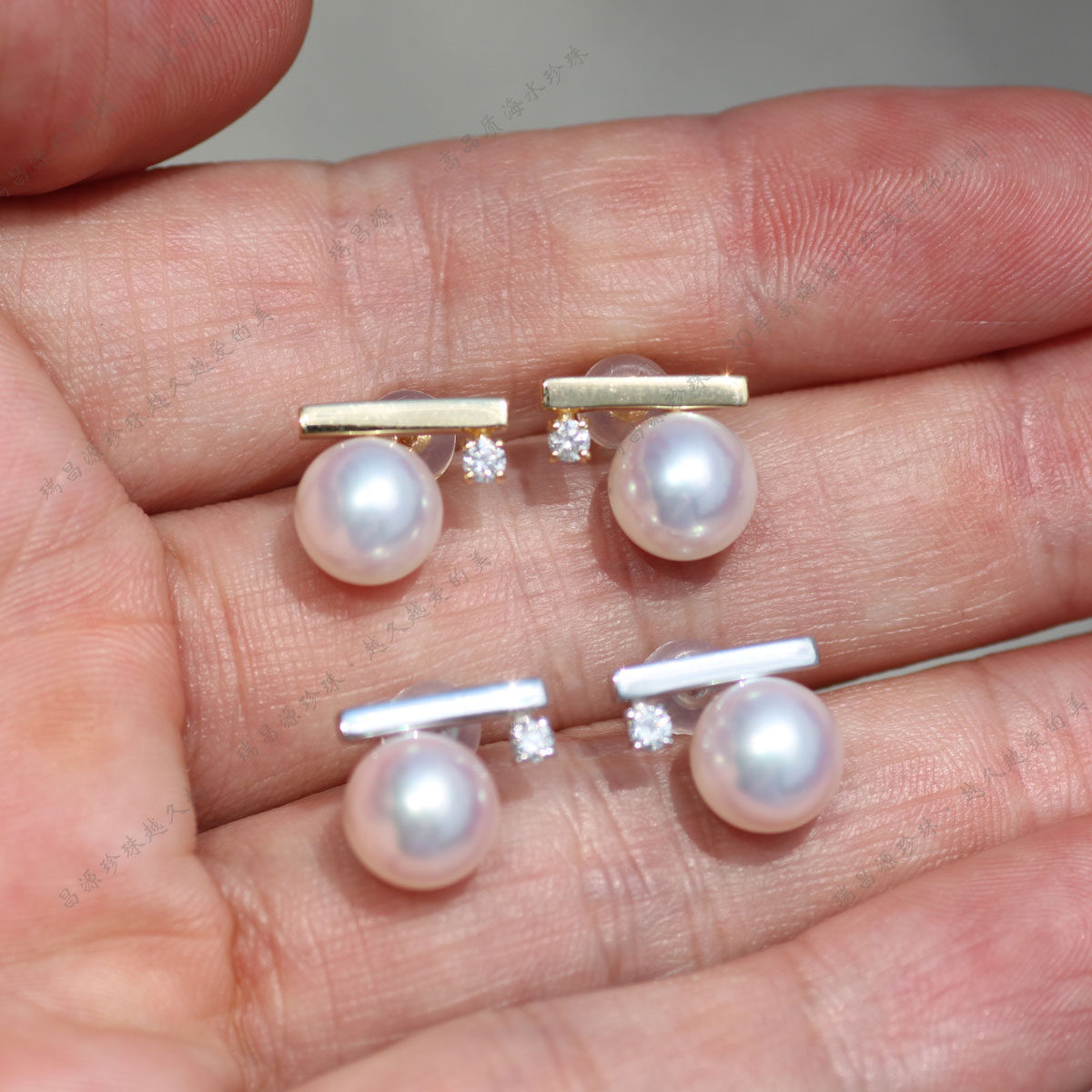 885mm日本天女akoya极光白透粉海水珍珠耳饰18k耳饰