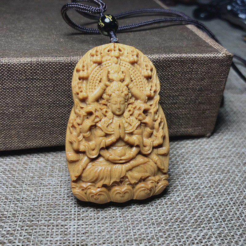 印度芭比檀香木质千手观音红木木雕佛牌挂件吊坠项坠