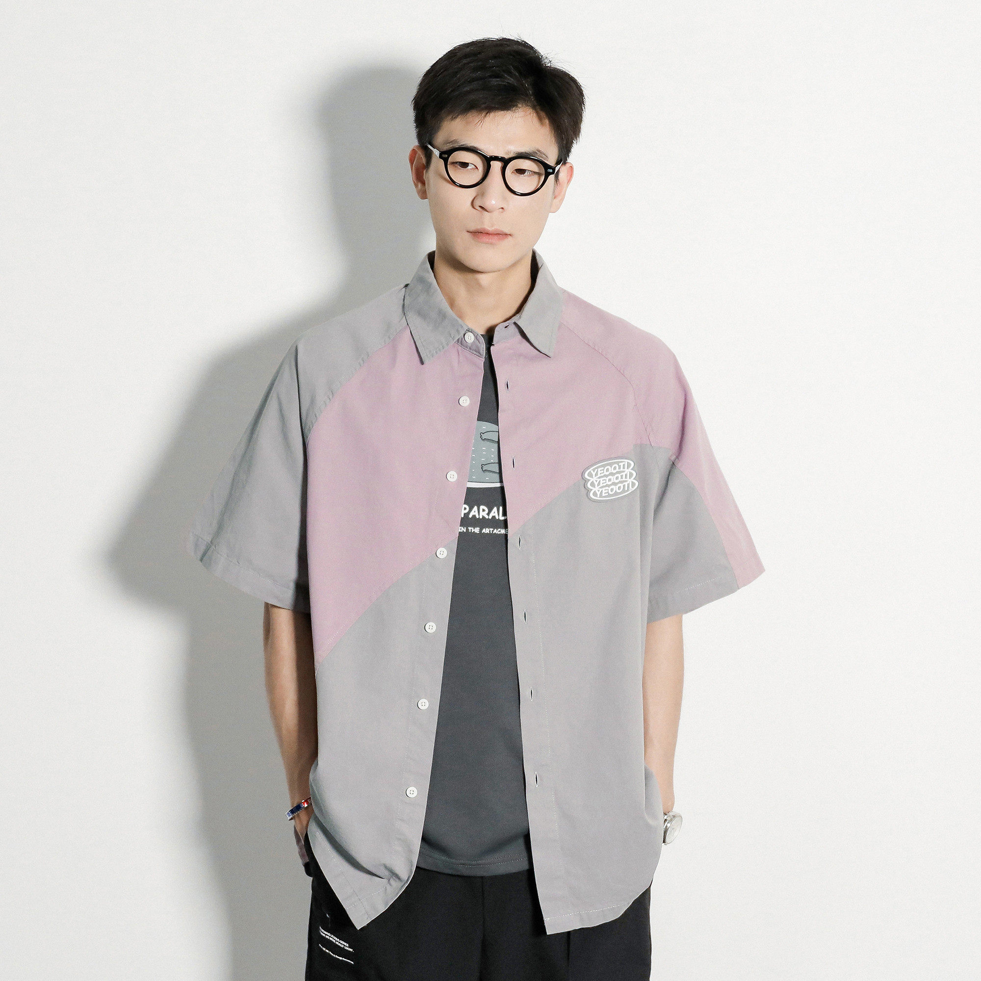 写意夏季日系复古拼色薄款短袖衬衫男装休闲衬衫