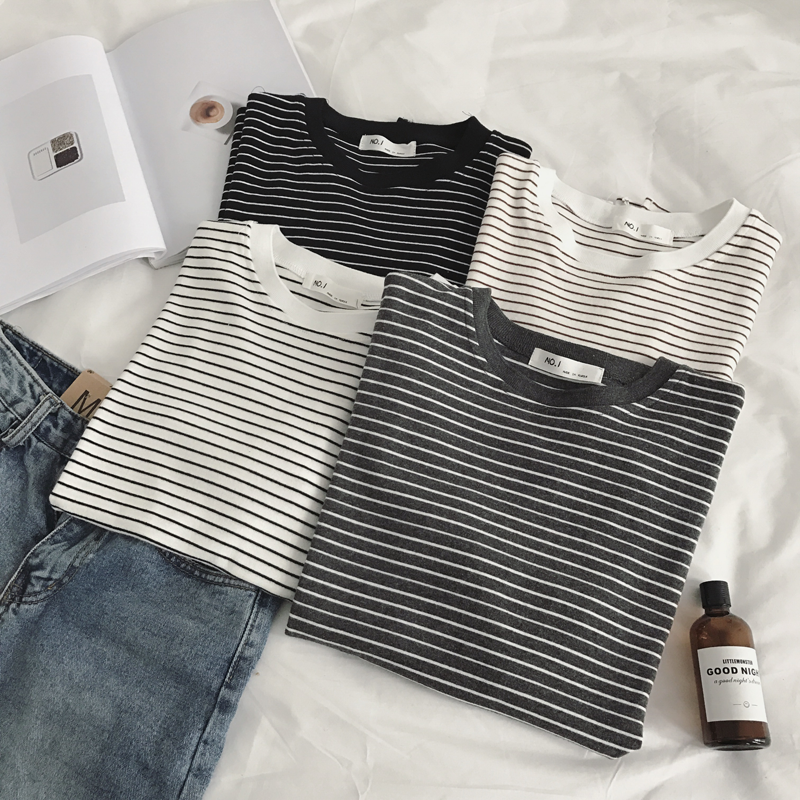 夏季基础百搭宽松显瘦短袖条纹t恤女学生 纯棉内搭打底衫休闲上衣