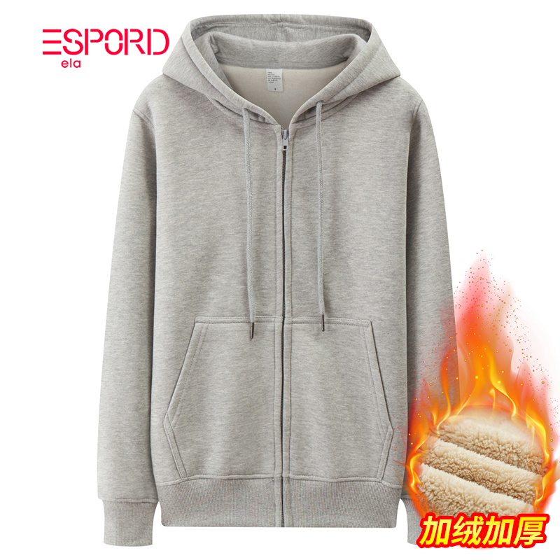 加绒春秋冬卫衣男连帽衫情侣宽松运动外套青中年纯色男士拉链开衫