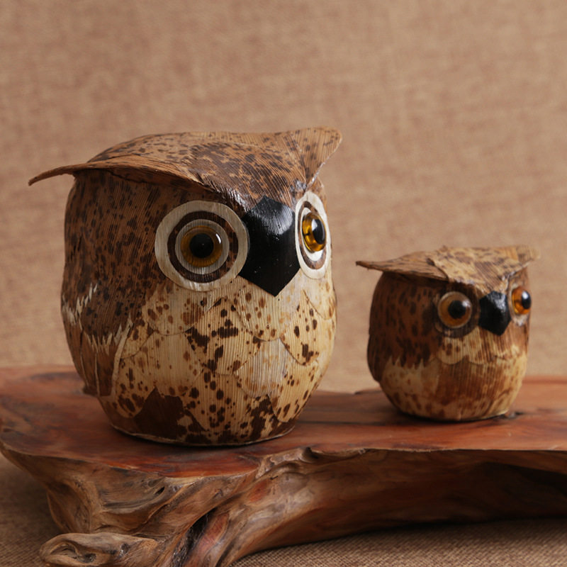 手工民间工艺猫头鹰笋壳笋皮编制制作竹编茶宠摆件工艺扇