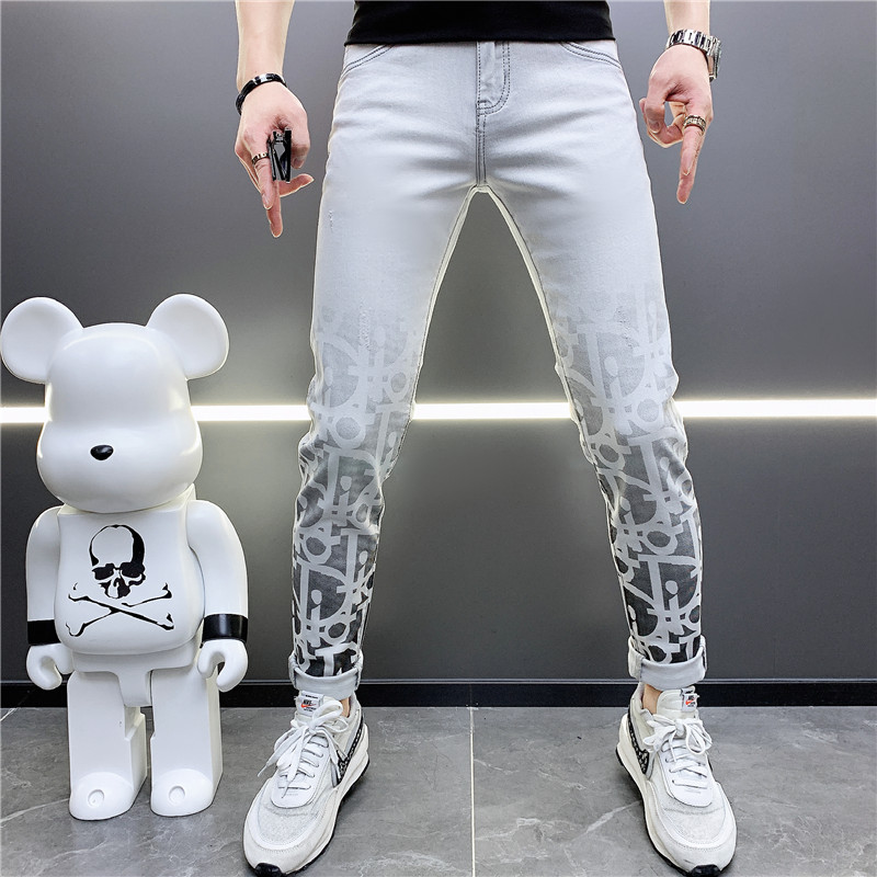 欧洲站牛仔裤男2022夏季新款潮牌印花韩版弹力修身薄款休闲小脚裤