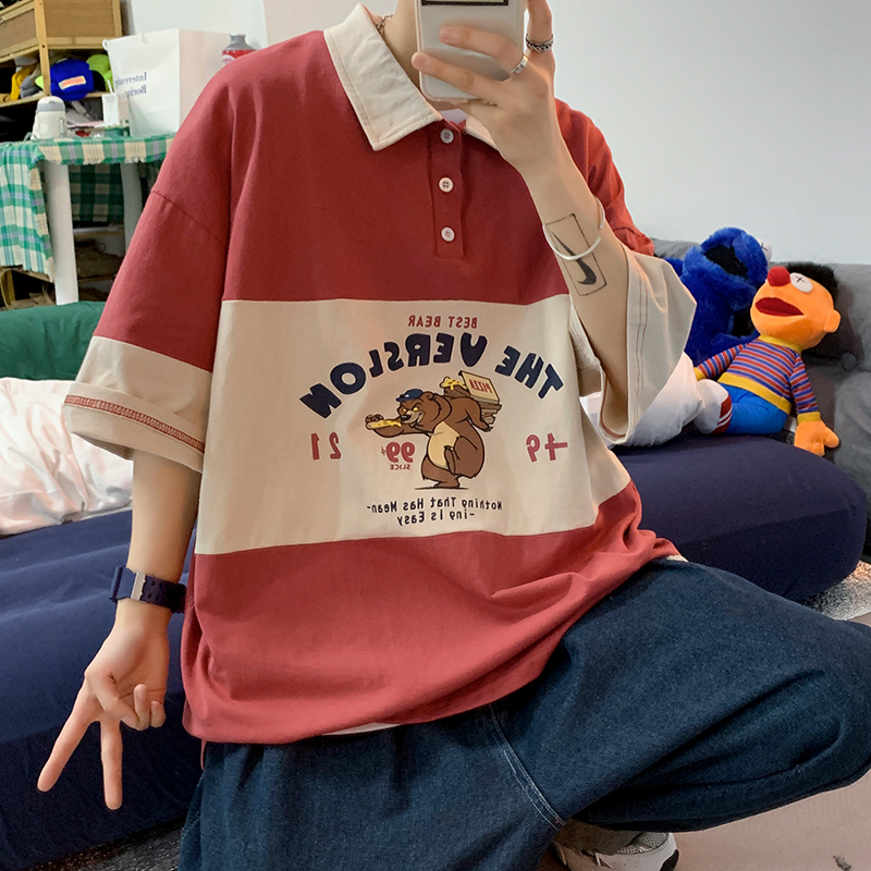子俊潮牌古着感翻领短袖男潮流原宿风拼接撞色POLO衫上衣宽松半袖