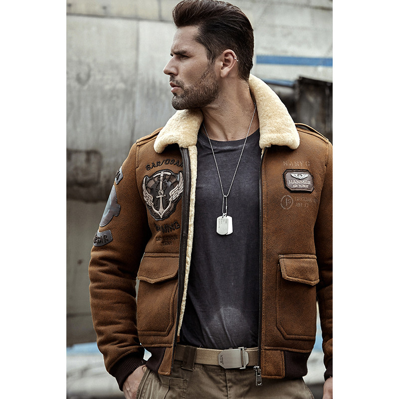 金豆多多b6空降兵刺绣飞行皮毛一体皮夹克外套皮衣