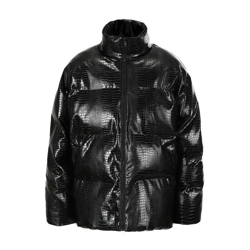 htcu嘻哈pu皮鳄鱼纹棉服男女宽松情侣廓形棉衣加厚外套保暖上衣