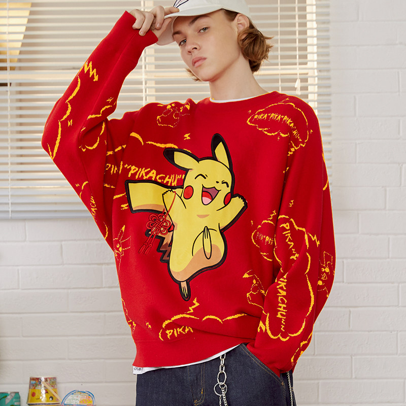 litlab宝可梦联名红色刺绣中国结皮卡丘新年毛衣男女涂鸦针织上衣