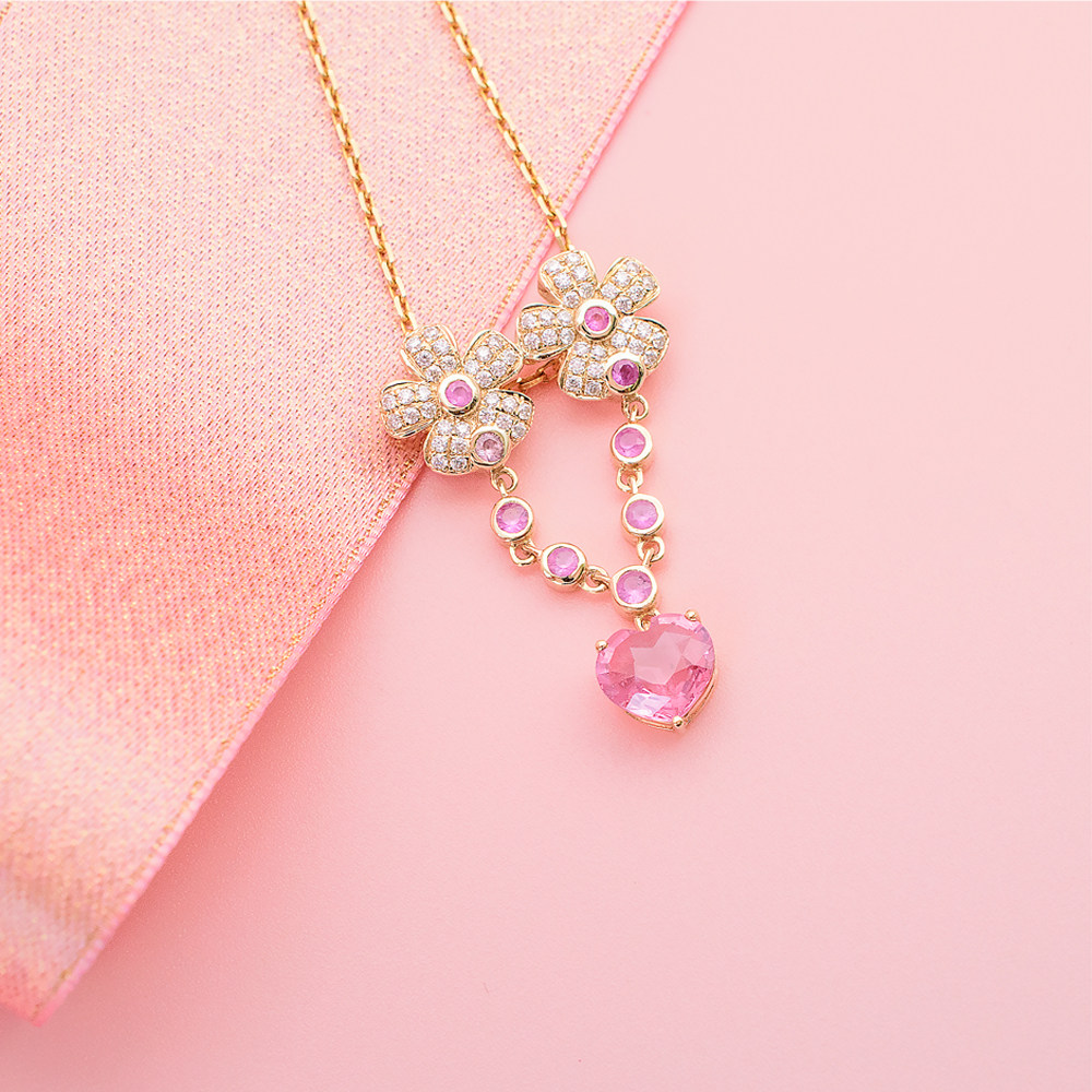 范儿珠宝天然粉色晶石18k黄金吊坠项链蓝宝石颈饰