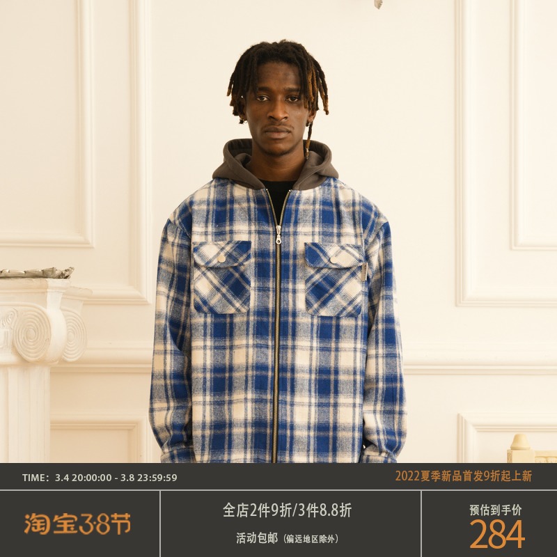 EMPTY REFERENCE两色入蓝白/黑咖格子连帽毛呢夹克外套男春秋宽松